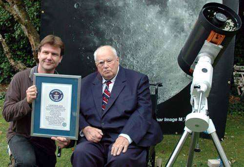 Nick Howes and Sir Patrick Moore with the Guinness World Records certificate